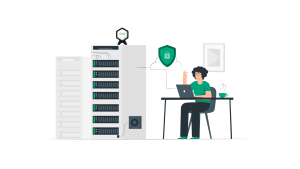 Dessin femme devant un data center