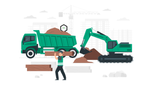 Dessin d'un chantier avec camions